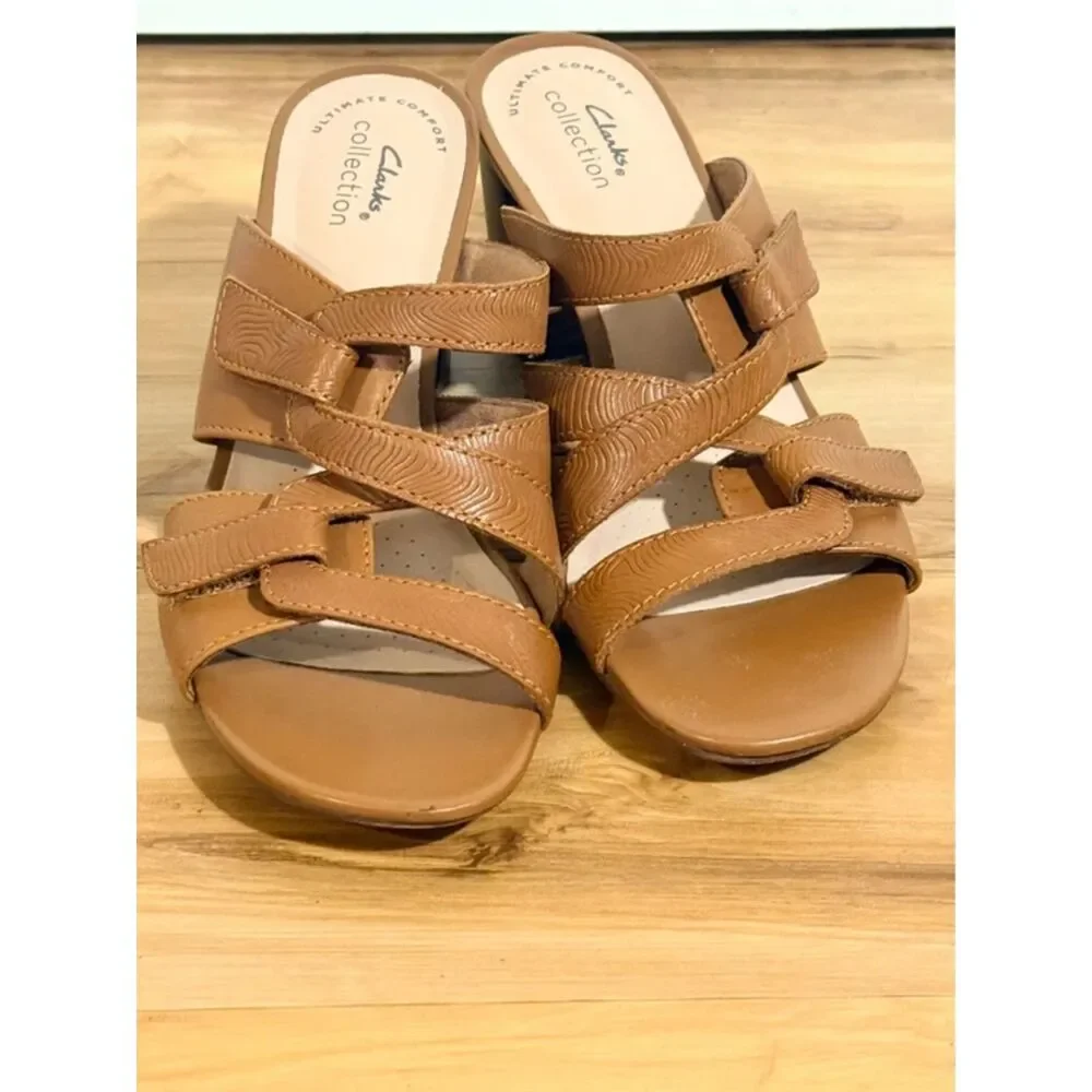 Clarks Collection Tan Strappy Block Heel Sandals Size 7.5